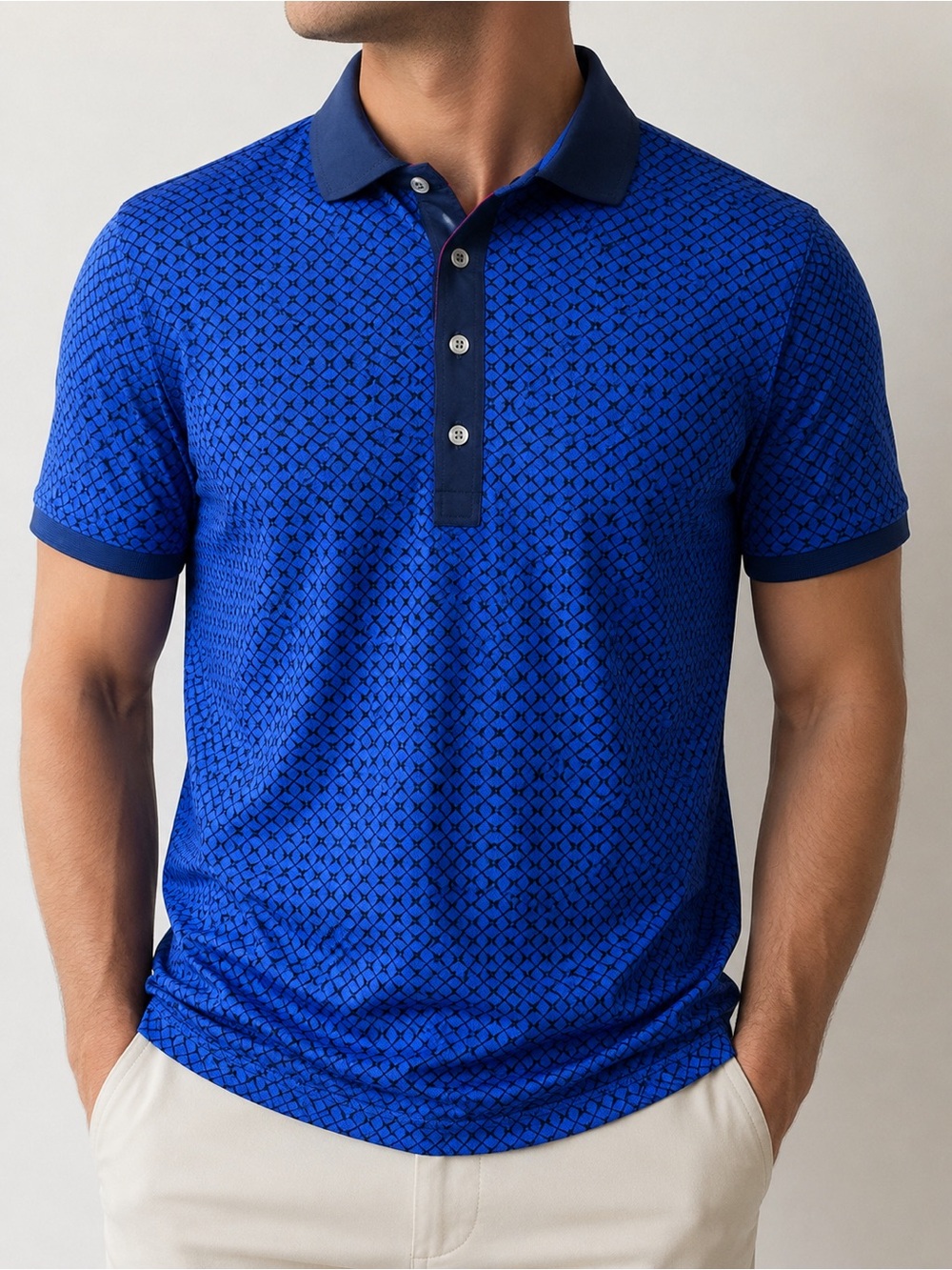 GREYSON Men's Navy Blue Geometric Short Sleeve Collared Polo Shirt Size S
